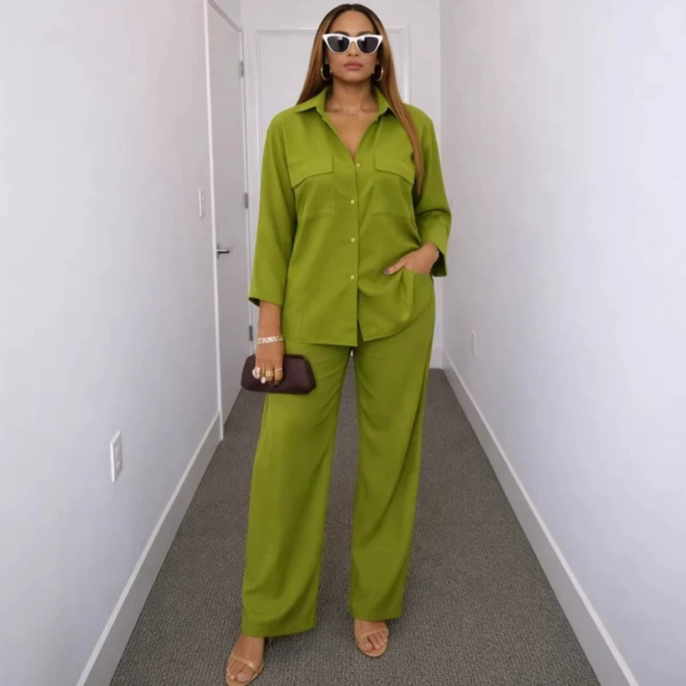 ZARA Ladies African Chic 2 Piece Set Solid Lapel Shirt Casual Pants
